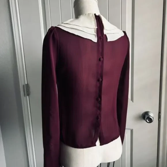 Vintage Blouse Maroon Sheer‎ Size Small Tie Neck Cream Collar Button C’est Chic - Picture 9 of 16